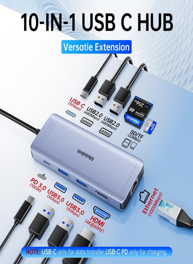 Melelink USB C Hub Ethernet, 10 in 1 USB-C to HDMI 4K@60 Adapter with Gigabit Ethernet, 100W PD, USB-A&C Data Ports and SD/TF Slot, USBC Dock MultiPort Dongle for MacBook, Dell, HP, Lenovo, etc - Image 2