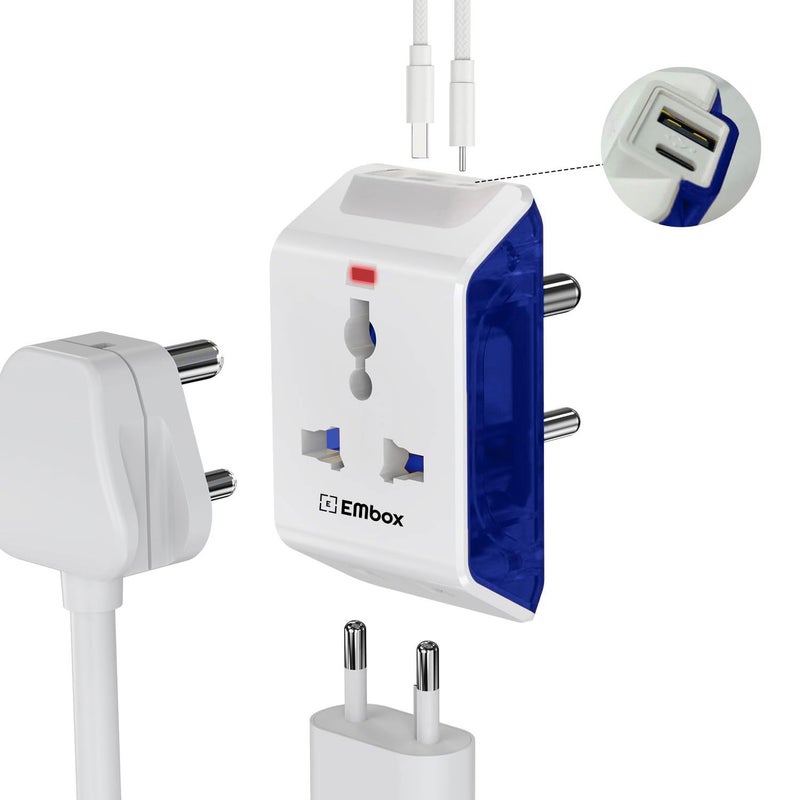 EMBOX مقبس متعدد 3 دبابيس - محول سفر عالمي مع مفتاح فردي وغطاء أمان ومؤشر LED - تمديد 3 طرق للمنزل والمكتب والسفر - 6A-250V (2 مقبس + 2 USB عبوة من 2 - أزرق) - Image 2