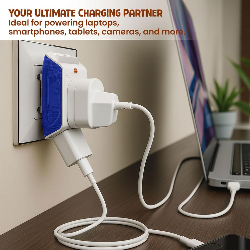 EMBOX مقبس متعدد 3 دبابيس - محول سفر عالمي مع مفتاح فردي وغطاء أمان ومؤشر LED - تمديد 3 طرق للمنزل والمكتب والسفر - 6A-250V (2 مقبس + 2 USB عبوة من 2 - أزرق) - Image 4