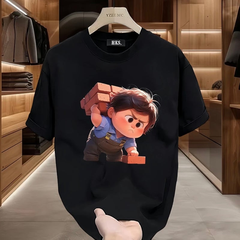 Summer Creative Cartoon Short-Sleeved T-Shirt Men'S Fashionable Brand Printed Brick-Moving Children'S Cotton Top T-Shirt - Image 3