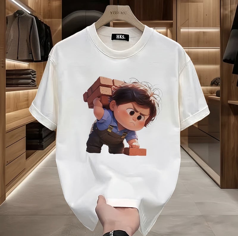 Summer Creative Cartoon Short-Sleeved T-Shirt Men'S Fashionable Brand Printed Brick-Moving Children'S Cotton Top T-Shirt - Image 2