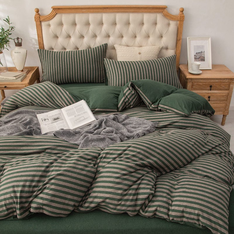 PURE ERA Jersey Knit Duvet Cover Set 100% T-Shirt Heather Cotton Super Soft Comfy Classic Striped Design, with Zipper Closure, Forest Green Stripe, Full - Image 1