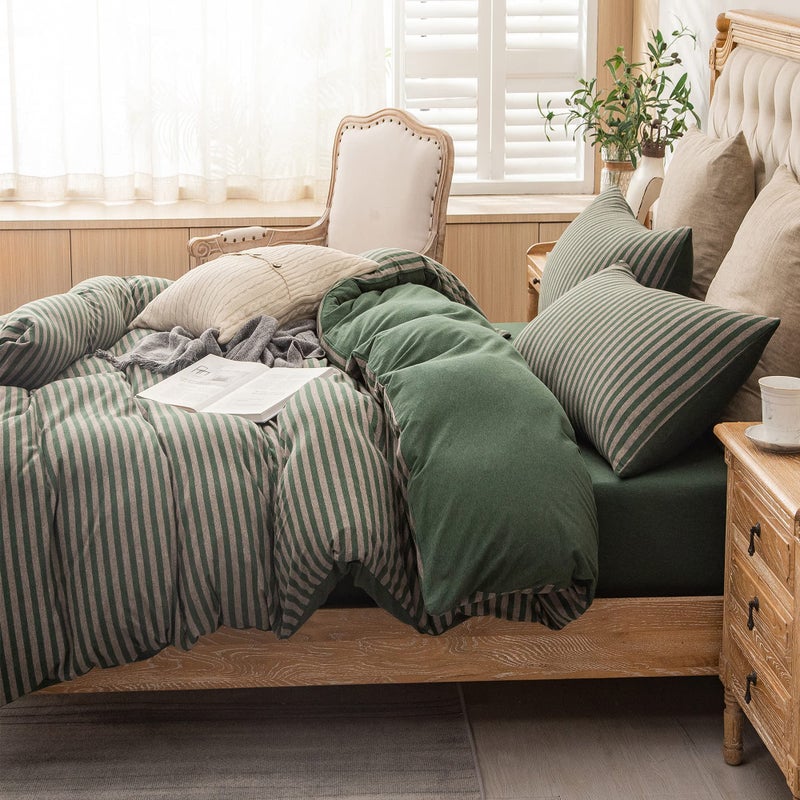 PURE ERA Jersey Knit Duvet Cover Set 100% T-Shirt Heather Cotton Super Soft Comfy Classic Striped Design, with Zipper Closure, Forest Green Stripe, Full - Image 2