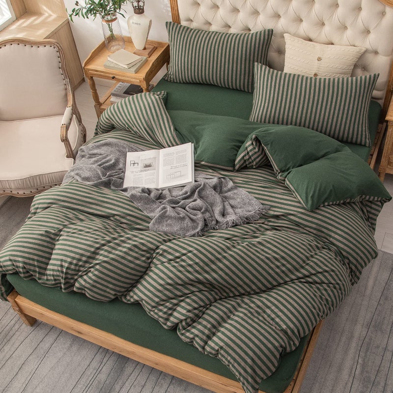 PURE ERA Jersey Knit Duvet Cover Set 100% T-Shirt Heather Cotton Super Soft Comfy Classic Striped Design, with Zipper Closure, Forest Green Stripe, Full - Image 4