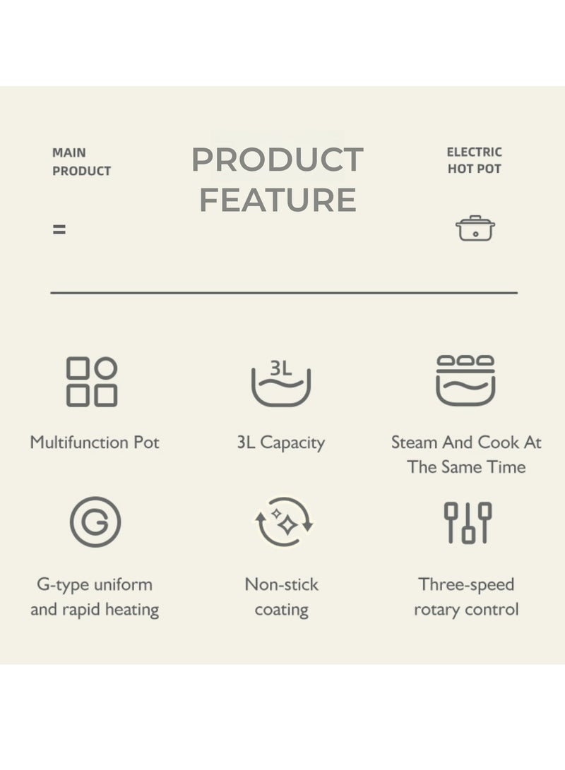 OIDIRE Hot Pot Electric Cooker Steamer 3L Portable Cooker with Steamer Rapid Cooking for Hotpot Tom Yum Stew Soup Steak Stir Fry with Dual Powe Control Over Heating Protection - Image 2