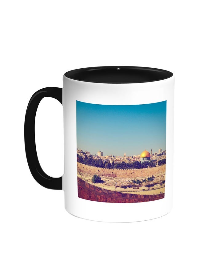RYN دولة فلسطين - فنجان قهوة مطبوع القدس أسود/أبيض 11 أونصة