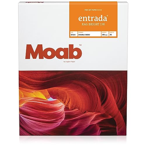 Moab Entrada Rag Bright 190, 100% Cotton Fine Art Archival Inkjet Paper, 2-Sided, Smooth (Hotpress) Bright White Matte, Medium Weight 190gsm, 8.5 x 11 Inches, 25 Sheets - Image 1