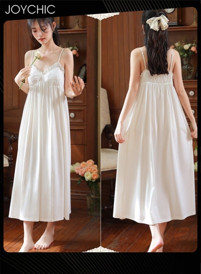 Joychic Palace Style Suspender Nightgown for Women Lace Long Loose Pajamas Skirt Summer Cotton Sleepwear White - Image 1