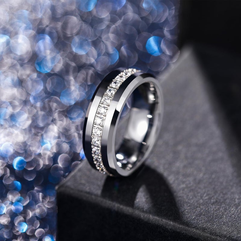 Greenpod 8mm Tungsten Carbide Rings for Men Silver Cubic Zirconia Eternity Wedding Band High Polish Comfort Fit Size 10 - Image 2
