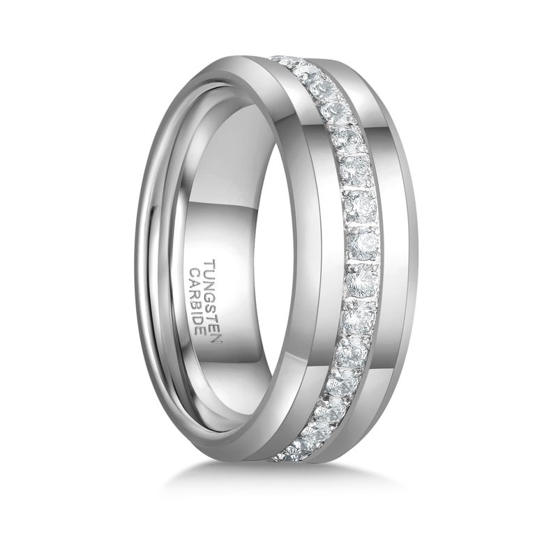 Greenpod 8mm Tungsten Carbide Rings for Men Silver Cubic Zirconia Eternity Wedding Band High Polish Comfort Fit Size 10 - Image 1