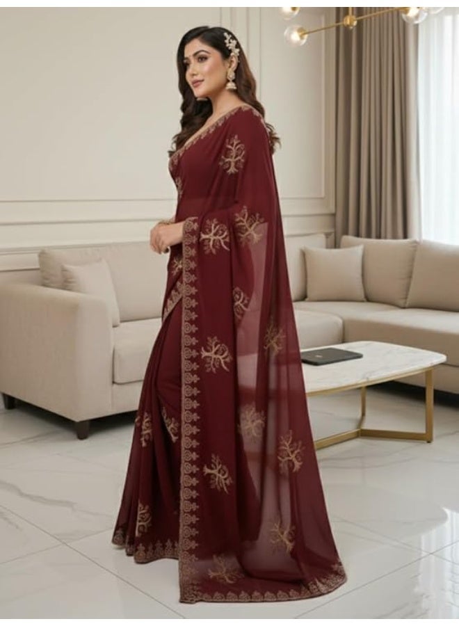 YASHIKA ساري ياشيكا النسائي من قماش الجورجيت بنقشة النجوم مع قطعة بلوزة للزي التقليدي. - Image 2