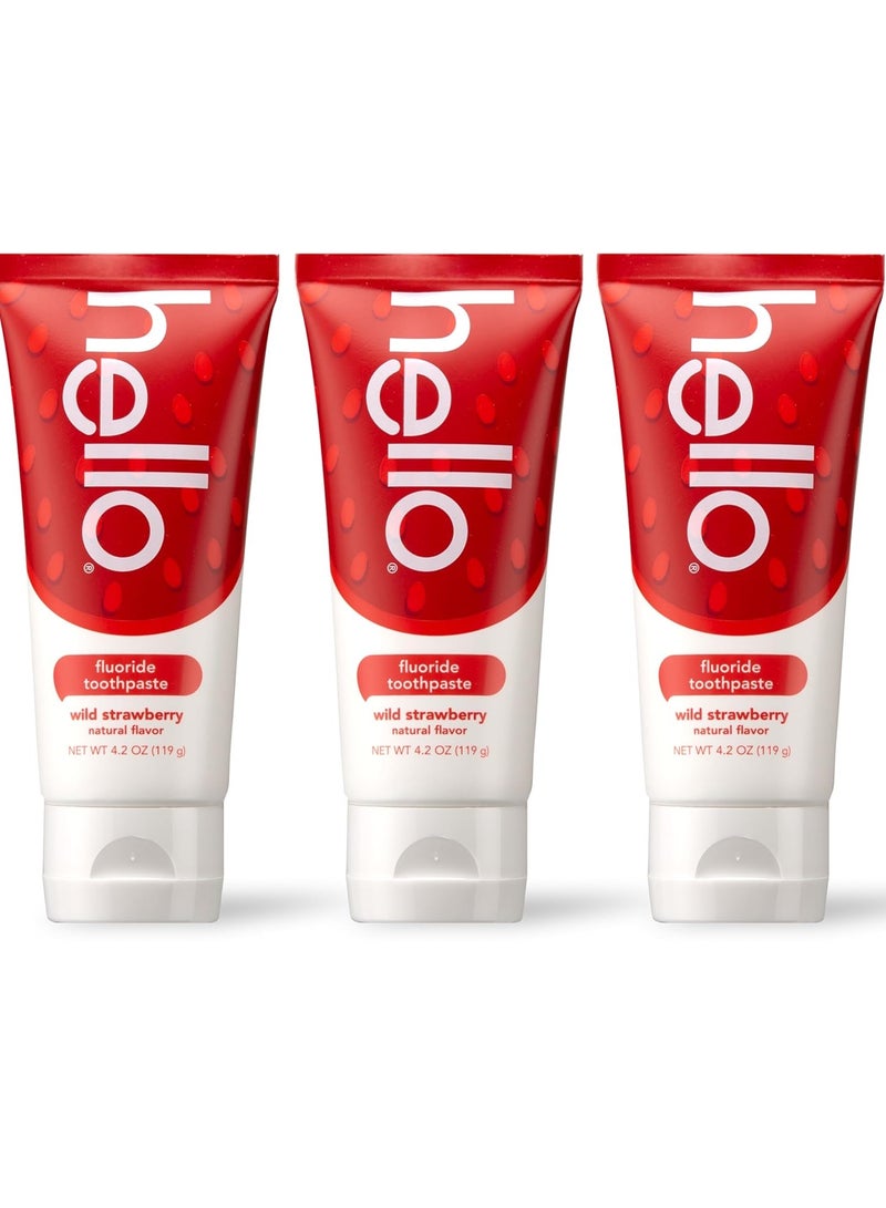 Hello hello Wild Strawberry Kids Toothpaste with Fluoride, Strawberry Toothpaste for Kids, Safe for Ages 2 and Up, Helps Prevent Cavities, Strengthen Enamel, and Polishes Teeth, ADA Approved, 3 Pack, 4.2 Oz  - Image 1