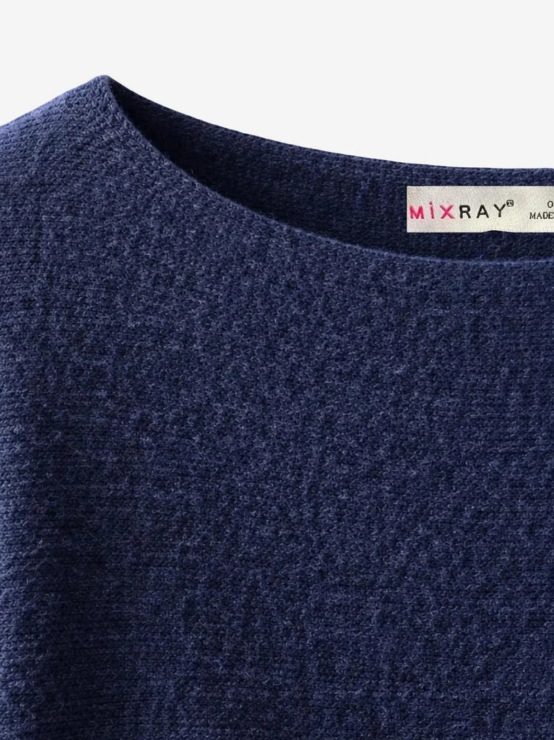 Mixray Navy Blue MIXRAY Oversized Boat Neck Ribbed Knit Sweater for Women | Best Price UAE