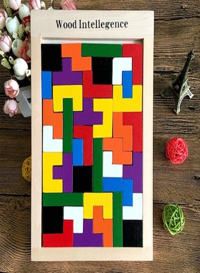 KONIGIN® Wooden Tetris Puzzle Brain Teaser Toy Colorful Jigsaw Game Montessori Intelligence Educational Gift for Baby- Toddlers, Kids 2-6 Years Old Boys Girls - 40 Pcs, Multi Color - Image 1