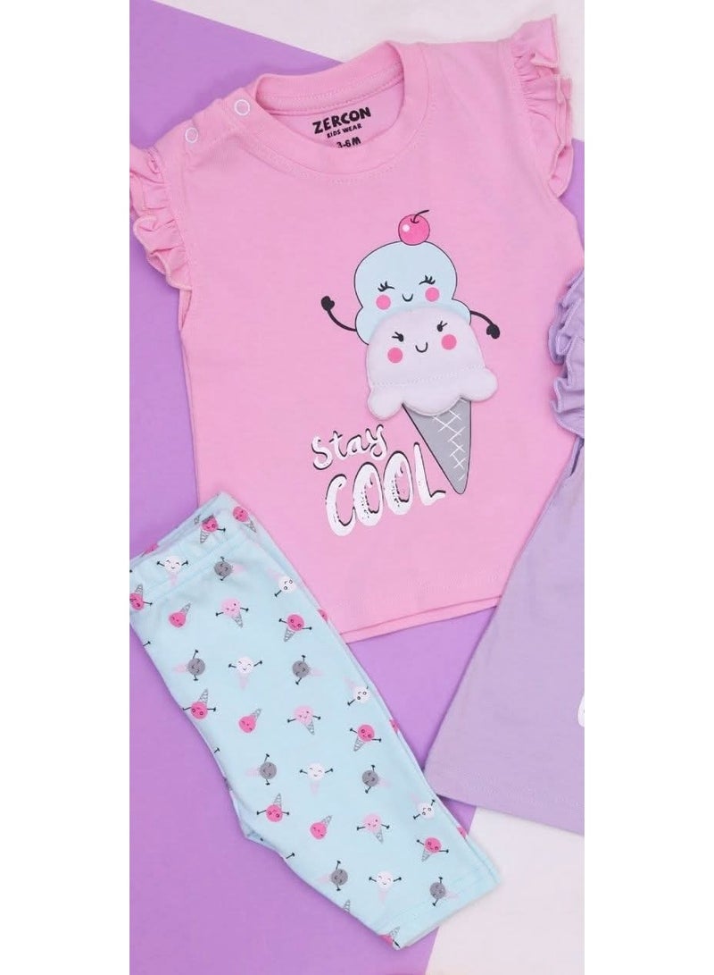 ZERCON Girls' Summer Pajama Set with Ice Cream Print -New Born