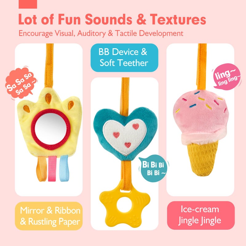 hahaland Car Seat Toys for Babies 0-6 Months Girl - Baby Toys 3-6 Months - Rattle, Mirror, Crinkle, Squeaky Carseat Stroller Toy 0-6 Months Developmental Newborn Baby Girl Birthday Gifts - Image 3