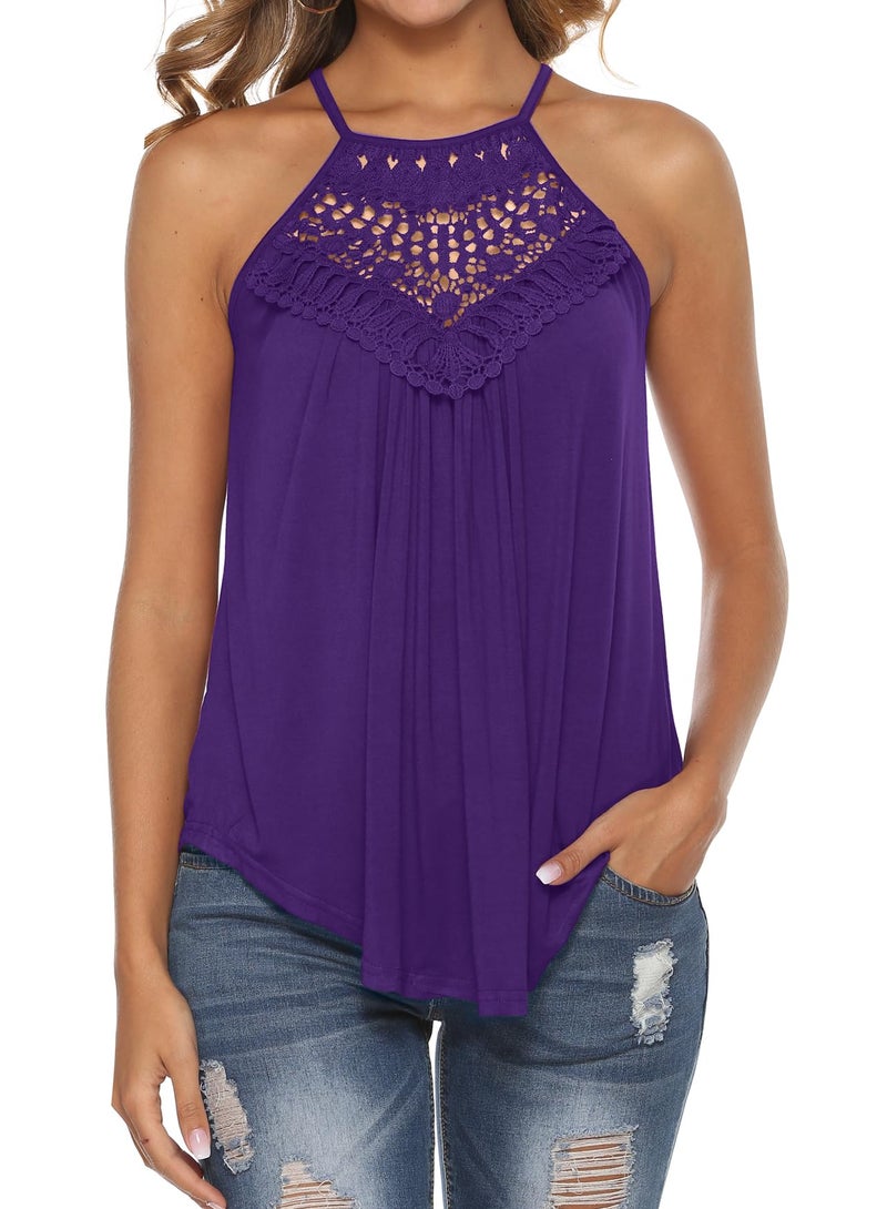 Bluetime Cute Tops for Women Summer Casual Loose Fit Flowy Lace Halter Tank Top Purple M - Image 1