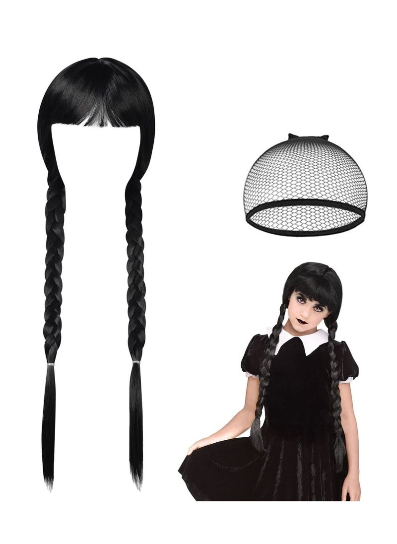 SYOSI - Long Plaited Wig With Bang Fringe for Women Ladies Synthetic Full Hair Natural Black Brunette Wig with Bangs for Cosplay Costume or Daily Life - Image 1