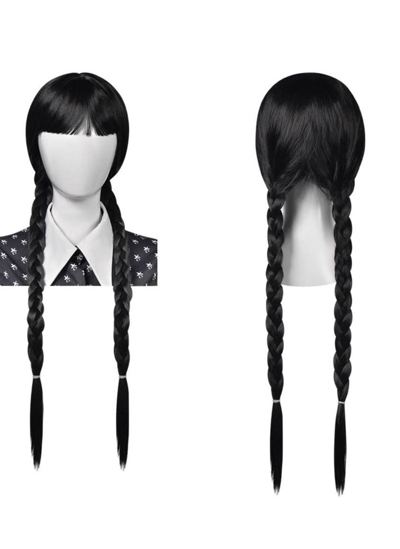 SYOSI - Long Plaited Wig With Bang Fringe for Women Ladies Synthetic Full Hair Natural Black Brunette Wig with Bangs for Cosplay Costume or Daily Life - Image 1