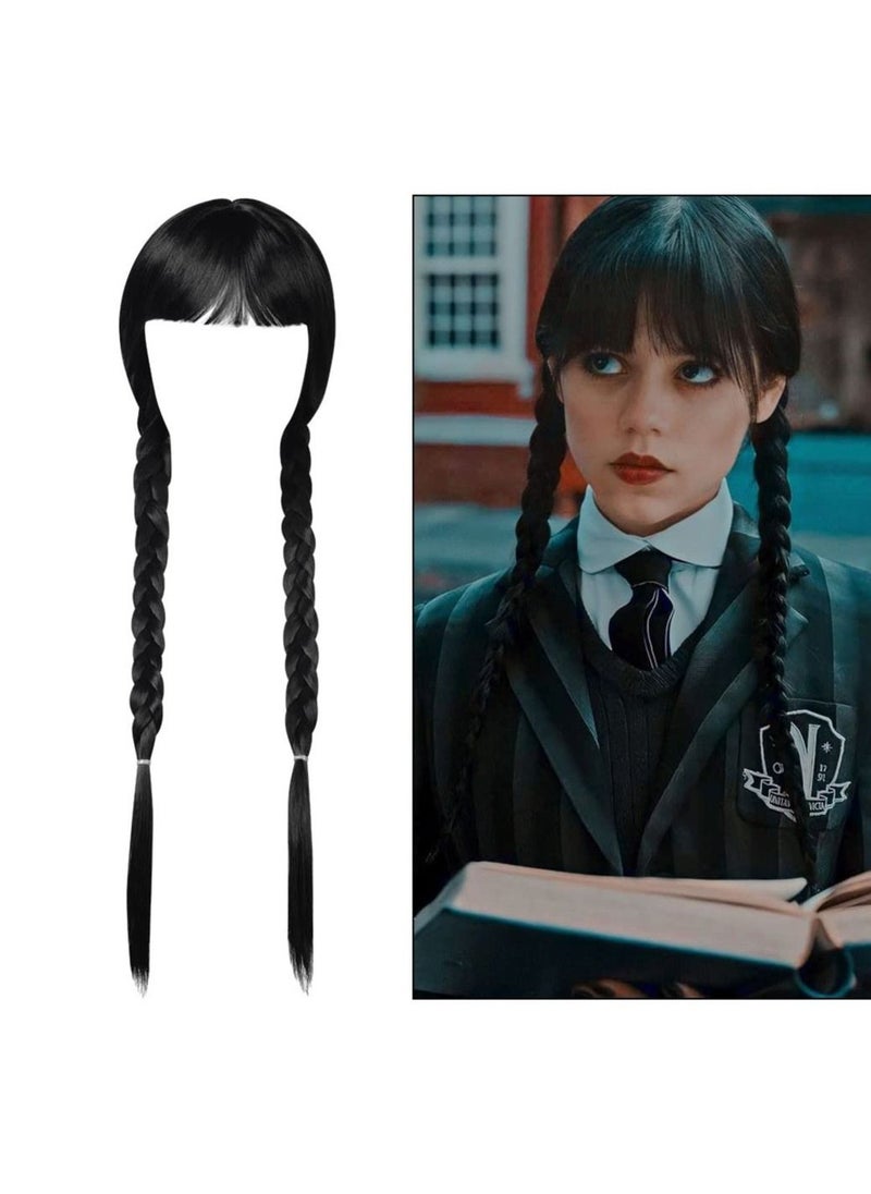 SYOSI - Long Plaited Wig With Bang Fringe for Women Ladies Synthetic Full Hair Natural Black Brunette Wig with Bangs for Cosplay Costume or Daily Life - Image 1