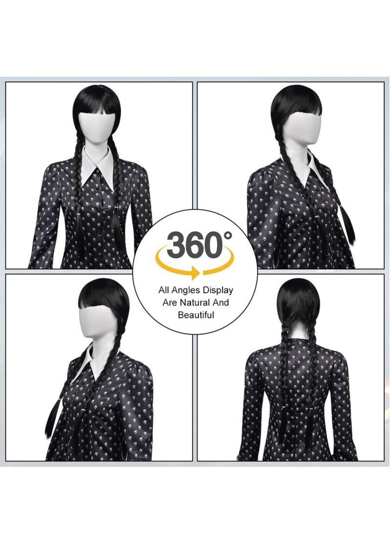 SYOSI - Long Plaited Wig With Bang Fringe for Women Ladies Synthetic Full Hair Natural Black Brunette Wig with Bangs for Cosplay Costume or Daily Life - Image 1