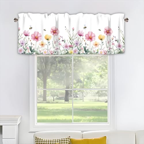 AYTTBIS Spring Wildflowers Curtain Valance for Windows Bees Floral Pink Window Treatments 1 Panel Short Curtains for Kitchen Windows Bathroom Bedroom,42 x 12 Inch - Image 5