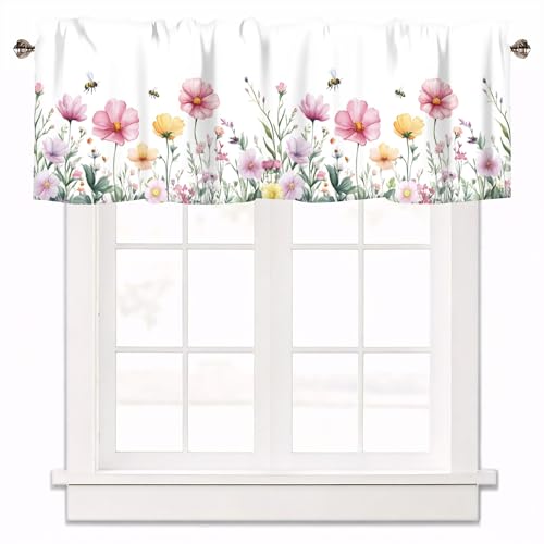 AYTTBIS Spring Wildflowers Curtain Valance for Windows Bees Floral Pink Window Treatments 1 Panel Short Curtains for Kitchen Windows Bathroom Bedroom,42 x 12 Inch - Image 1