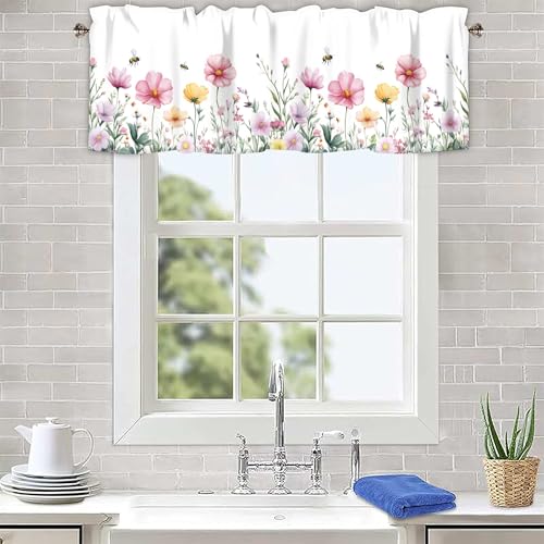 AYTTBIS Spring Wildflowers Curtain Valance for Windows Bees Floral Pink Window Treatments 1 Panel Short Curtains for Kitchen Windows Bathroom Bedroom,42 x 12 Inch - Image 4