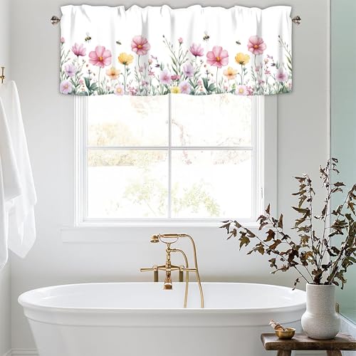 AYTTBIS Spring Wildflowers Curtain Valance for Windows Bees Floral Pink Window Treatments 1 Panel Short Curtains for Kitchen Windows Bathroom Bedroom,42 x 12 Inch - Image 2