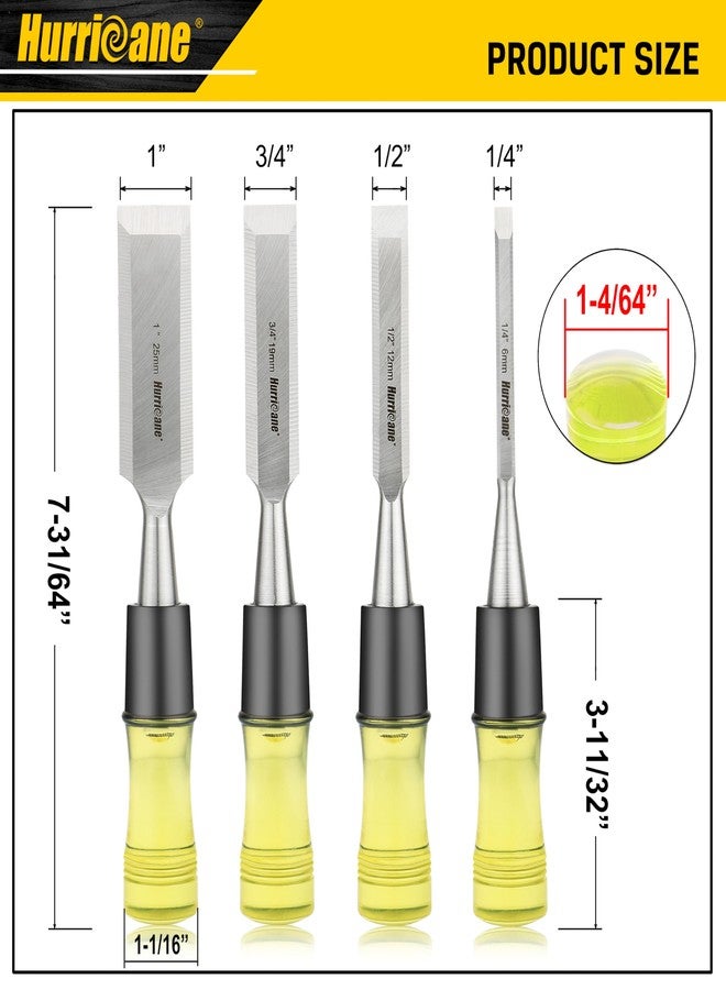 هوريكان طقم إزميل خشب من هوريكان، مكون من 4 قطع، لأعمال النجارة. شفرات فولاذية CR-V مشطوفة الحواف مع أغطية أمان. مقبض متين من مادة PVC عالية التحمل، للنحت الدقيق ومشاريع "اصنعها بنفسك" (1/4 بوصة، 1/2 بوصة، 3/4 بوصة، 1 بوصة). - Image 2