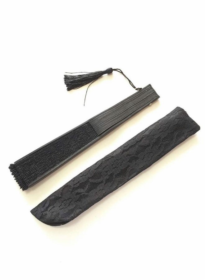Hand Fan with Frame, Silk Fabric Bamboo Ribs Handheld Folding Wall Decoration Wedding Party, Lace for Women Girls Gifts, Black - Image 5
