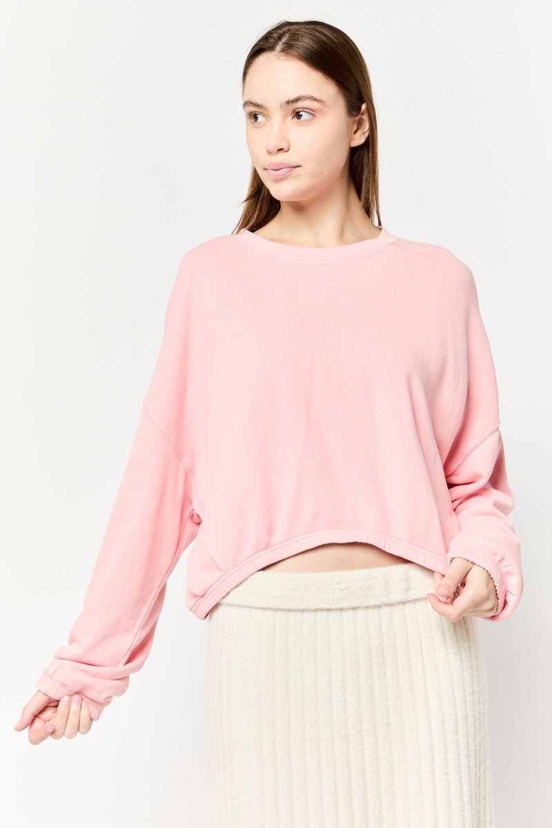 Aerie Women Crew Neck Solid Long Sleeve Crop Sweatshirt, Pink - Image 1