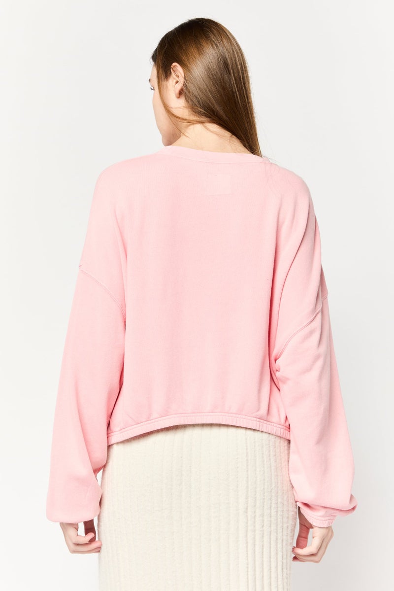 Aerie Women Crew Neck Solid Long Sleeve Crop Sweatshirt, Pink - Image 2