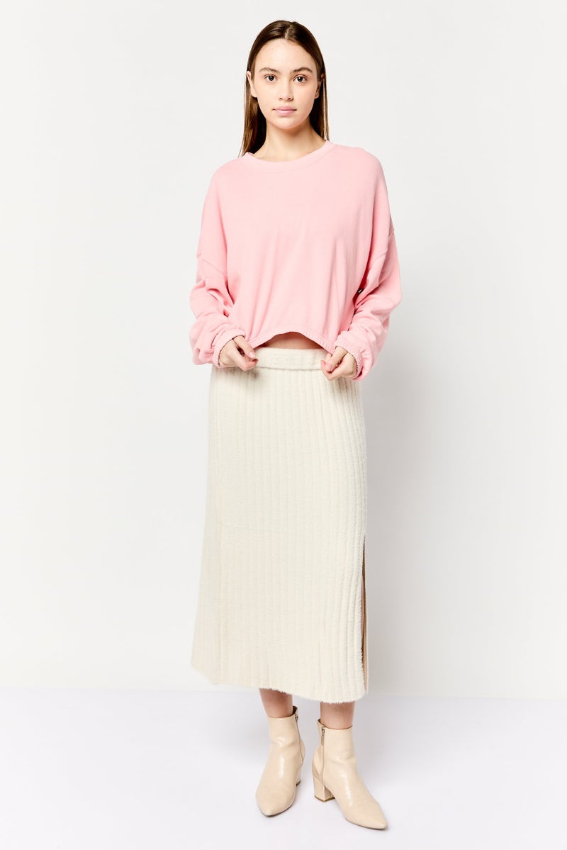 Aerie Women Crew Neck Solid Long Sleeve Crop Sweatshirt, Pink - Image 3