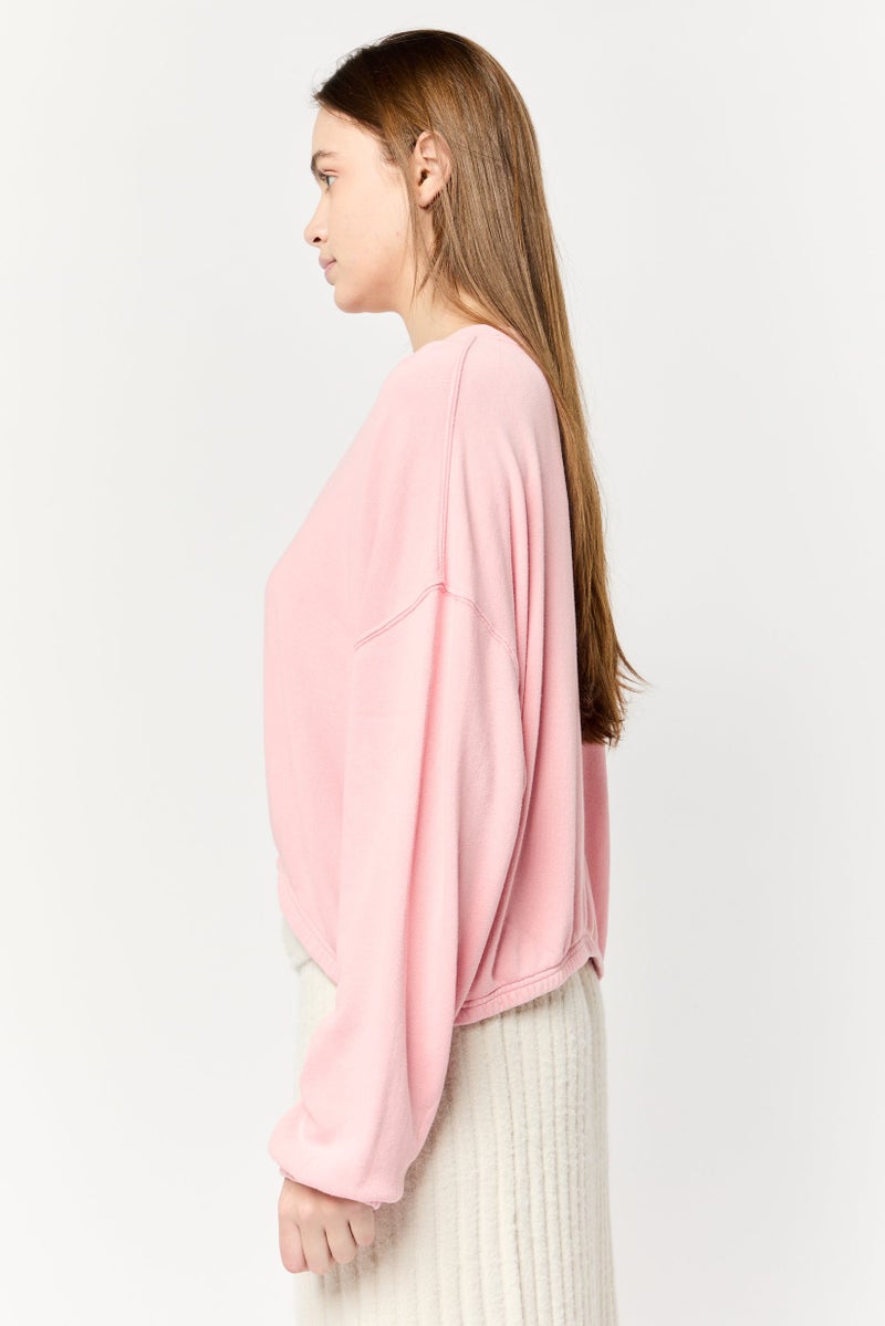 Aerie Women Crew Neck Solid Long Sleeve Crop Sweatshirt, Pink - Image 4