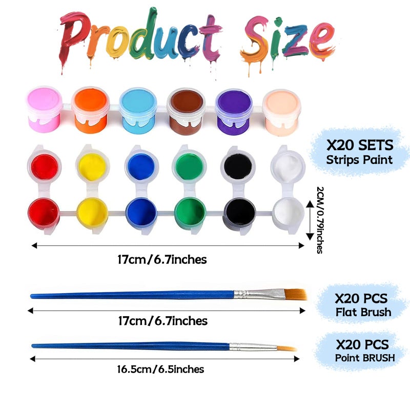 OLINGYOU 20 Pack Mini Acrylic Paint Set, 12 Colors Washable Paint Strips for Kids & Adults - Includes 40 Brushes (20 Flat + 20 Pointed), 280 PCS kids Paint Kits for Easter Eggs, Birthday, Classroom Party - Image 2