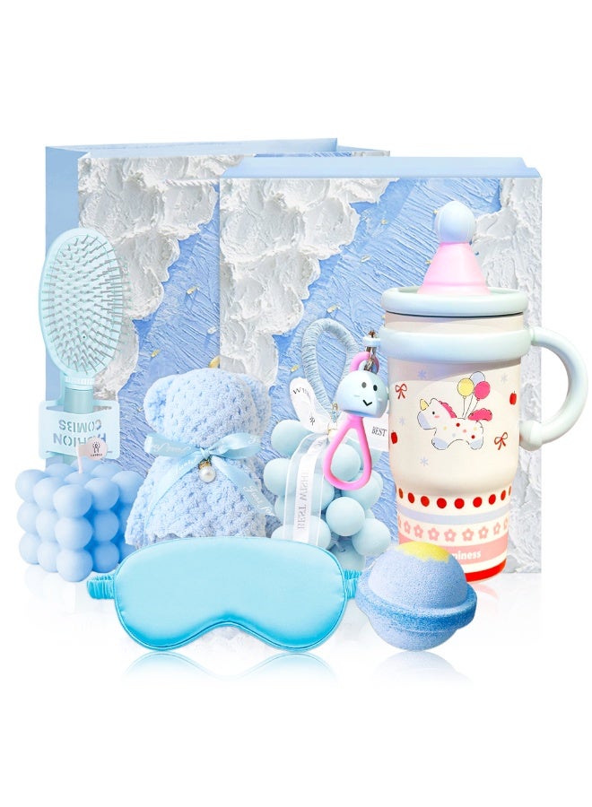 Aromancy Blue Spa Scent Luxury Gift Hamper Set – 8Pcs Aromatherapy Gift Box with Unicorn Thermocup Bear Towel Soap Comb Silk Eye Mask Scented Candle Bath Salts & Gift Bag Perfect Ramadan Eid Gift for Women - Image 1