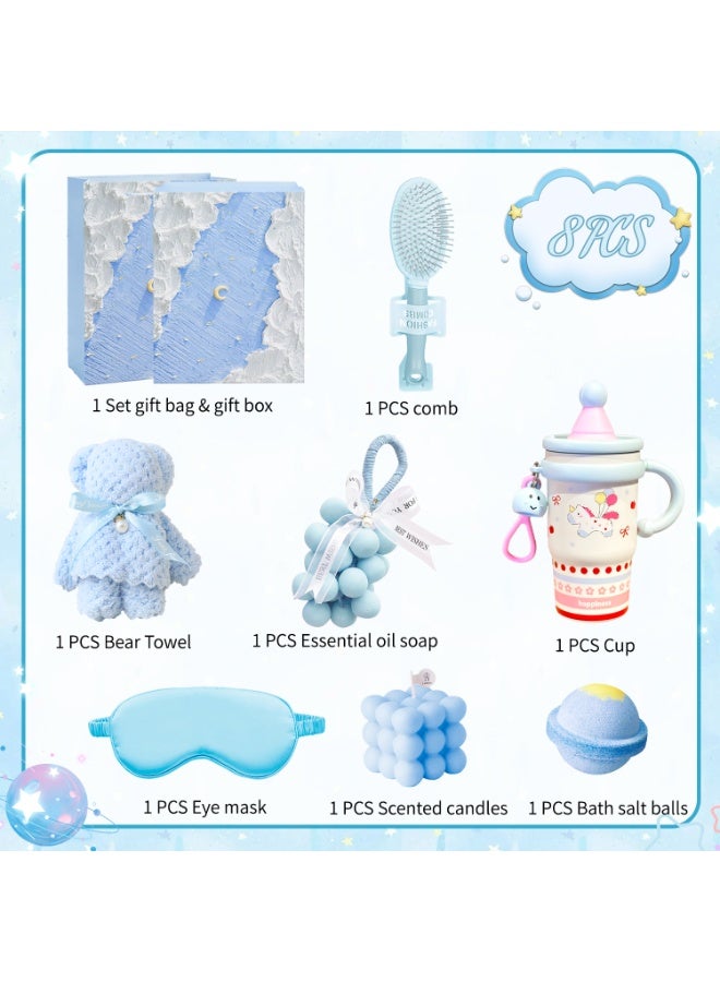 Aromancy Blue Spa Scent Luxury Gift Hamper Set – 8Pcs Aromatherapy Gift Box with Unicorn Thermocup Bear Towel Soap Comb Silk Eye Mask Scented Candle Bath Salts & Gift Bag Perfect Ramadan Eid Gift for Women - Image 2