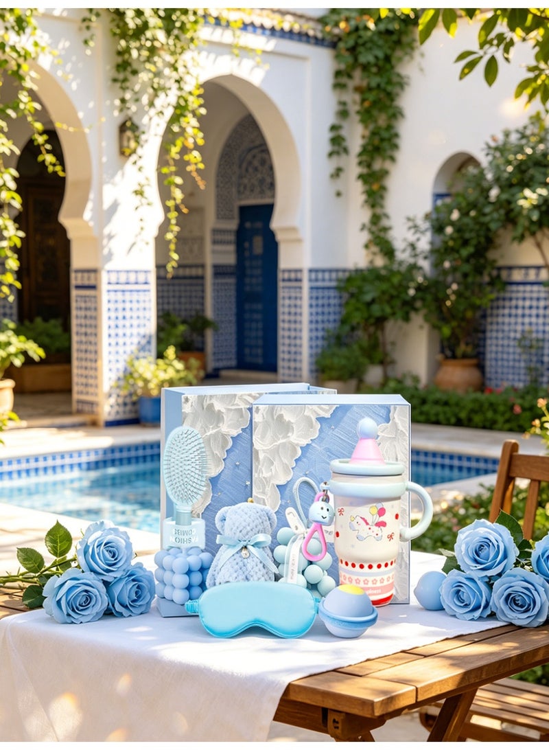 Aromancy Blue Spa Scent Luxury Gift Hamper Set – 8Pcs Aromatherapy Gift Box with Unicorn Thermocup Bear Towel Soap Comb Silk Eye Mask Scented Candle Bath Salts & Gift Bag Perfect Ramadan Eid Gift for Women - Image 5