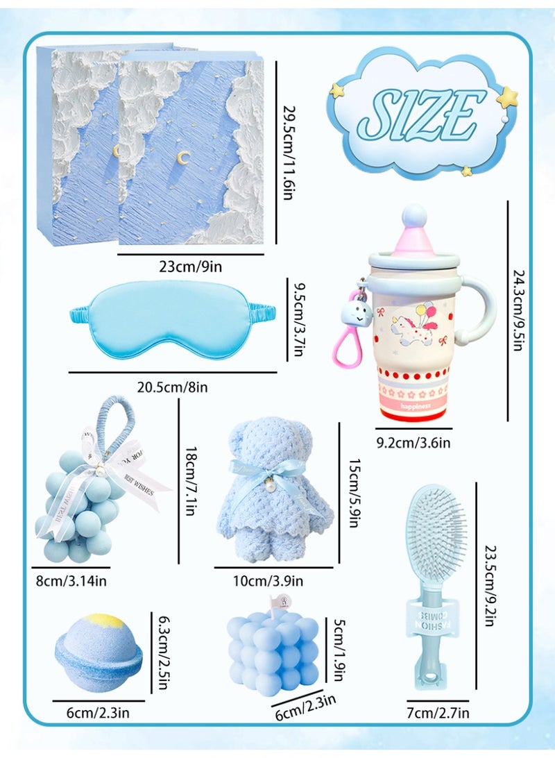 Aromancy Blue Spa Scent Luxury Gift Hamper Set – 8Pcs Aromatherapy Gift Box with Unicorn Thermocup Bear Towel Soap Comb Silk Eye Mask Scented Candle Bath Salts & Gift Bag Perfect Ramadan Eid Gift for Women - Image 3