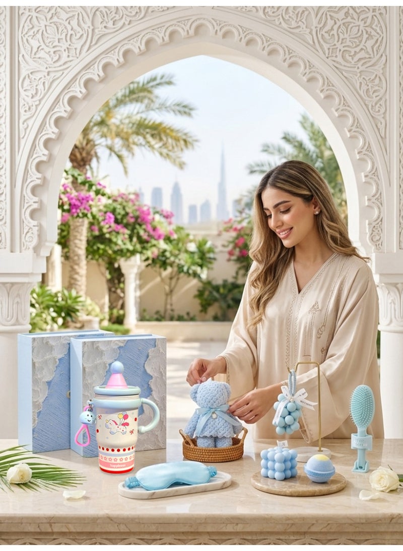 Aromancy Blue Spa Scent Luxury Gift Hamper Set – 8Pcs Aromatherapy Gift Box with Unicorn Thermocup Bear Towel Soap Comb Silk Eye Mask Scented Candle Bath Salts & Gift Bag Perfect Ramadan Eid Gift for Women - Image 4