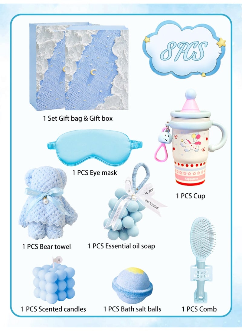 Aromancy Blue Spa Scent Luxury Gift Hamper Set – 8Pcs Aromatherapy Gift Box with Unicorn Thermocup Bear Towel Soap Comb Silk Eye Mask Scented Candle Bath Salts & Gift Bag Perfect Ramadan Eid Gift for Women - Image 2
