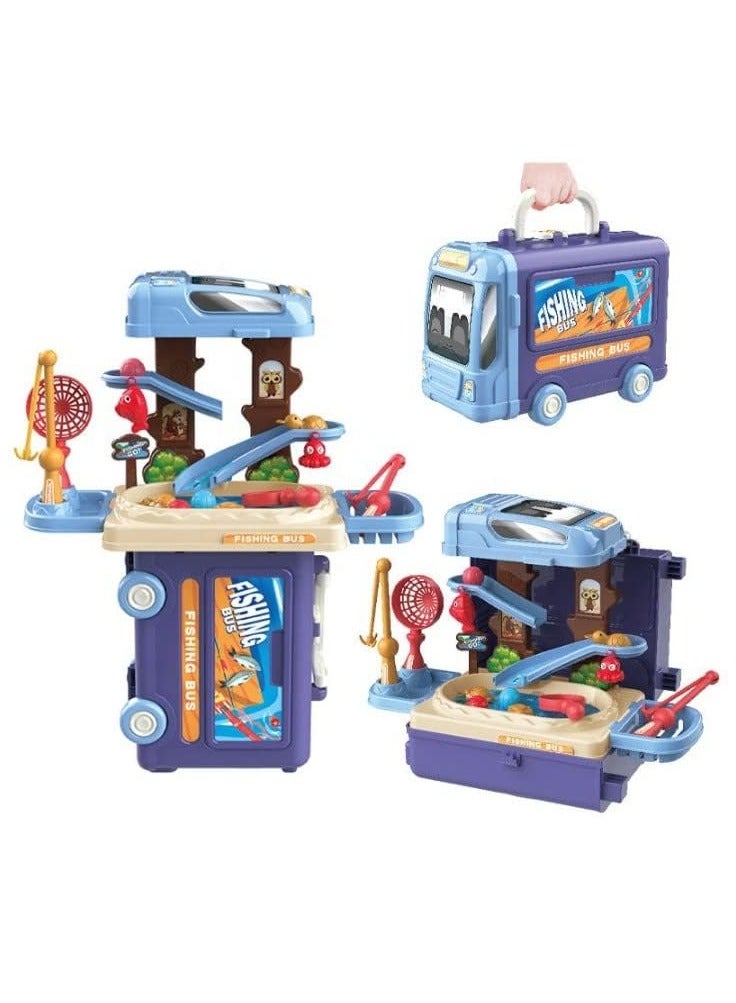 Toy Box Suitcase Fishing Bus Game 3in1 Table Toys Ride Fishing Fish Catching Game Kids With Fishing Tools & Accessories  - Image 1