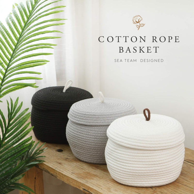 Sea Team Round Cotton Rope Storage Basket with Lid, Decorative Woven Storage Bin, Pot, Caddy, Organizer, Container for Snacks, Towels, Plants, 10 x 7.5 Inches (Small, White) - Image 3