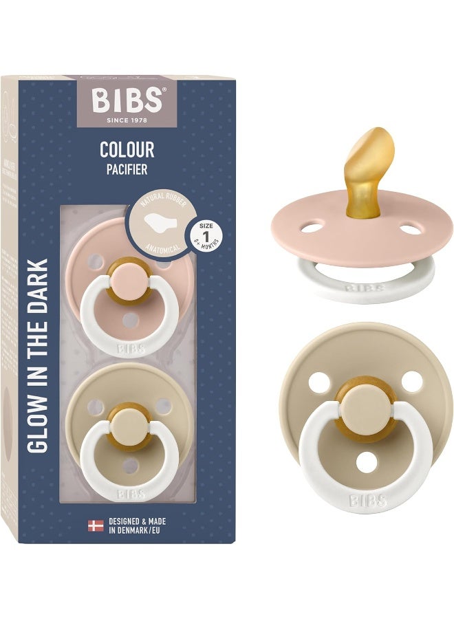 BIBS لهاية بيبس الملونة الأناتومية 2-عبوة، مصاصة خالية من BPA، مطاط طبيعي قويم الأسنان، مصنوعة في الدنمارك. 0-6 أشهر (عبوة من 2)، توهج بلش/توهج فانيلا - Image 1