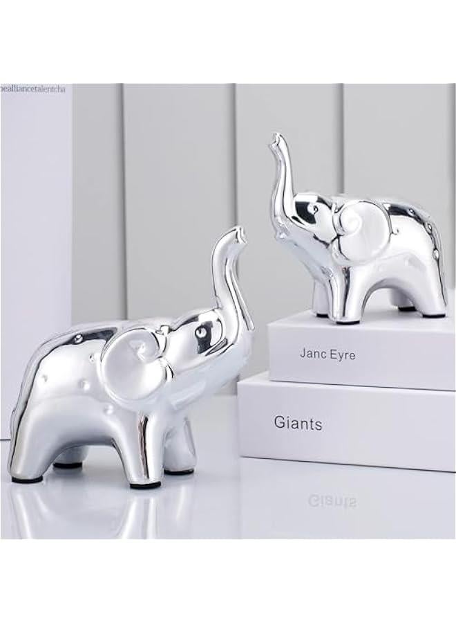 هوكور زوج من تمثال الفيل لديكور المنزل، تماثيل على الطراز الحديث، منحوتة للمكتب ورف الكتب وغرفة المعيشة (فضي) - Image 1