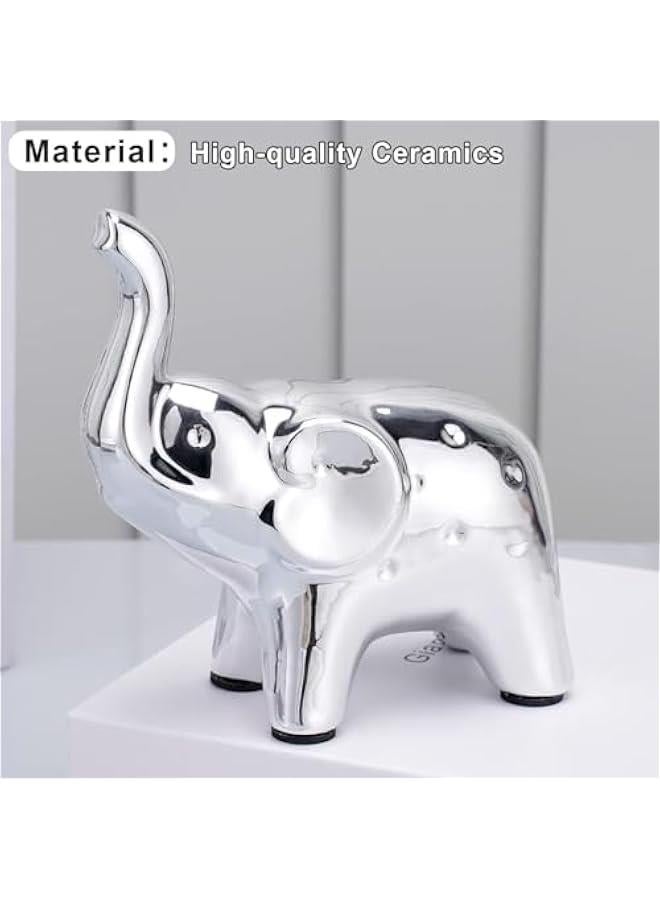 هوكور زوج من تمثال الفيل لديكور المنزل، تماثيل على الطراز الحديث، منحوتة للمكتب ورف الكتب وغرفة المعيشة (فضي) - Image 5