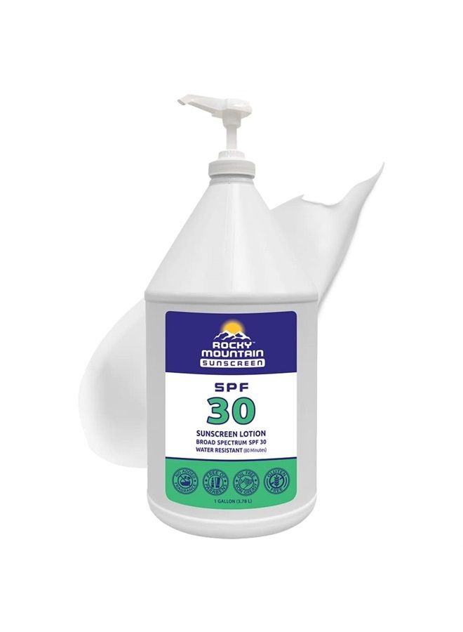 Rocky Mountain Sunscreen لوسيون SPF-30 | خالي من الجلوتين | آمن للشعاب المرجانية | طيف واسع UVA/UVB | خالي من العطور | 128 أونصة جالون مع مضخة - Image 1