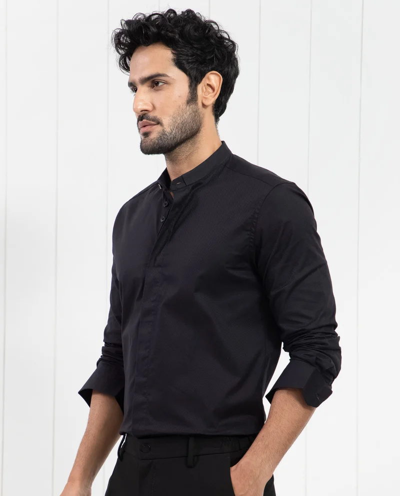 Rare Rabbit Rare Rabbit Men's Pristina Black Cotton Fabric Mandarin Collar Full Sleeves Solid Shirt