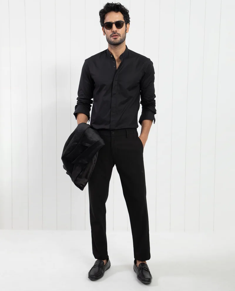 Rare Rabbit Rare Rabbit Men's Pristina Black Cotton Fabric Mandarin Collar Full Sleeves Solid Shirt